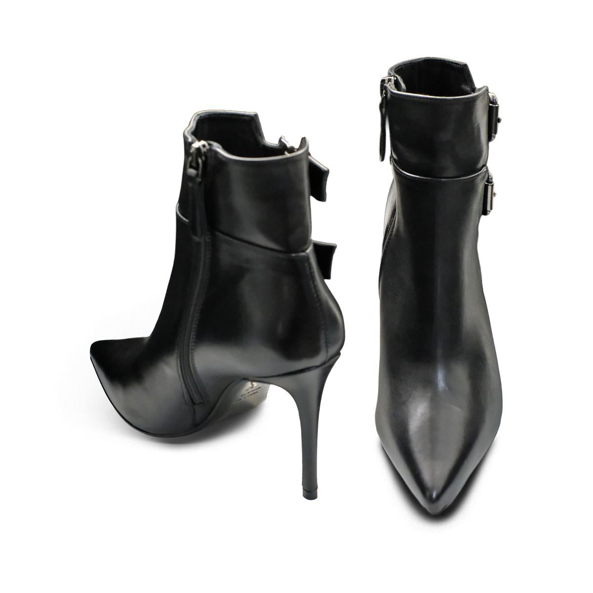 VARIO Hakiki Deri Çift Tokalı Sivri Burun Kauçuk Taban Fermuarlı Bot 206 NAPPA NERA (Siyah)