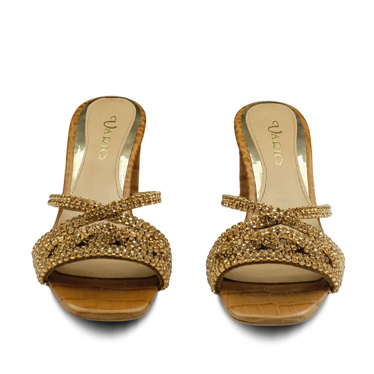 VARIO Hakiki Deri Baskı Kroko Taşlı Terlik Z148 TABA BASKI KROKO (Tan Leather Crocodile Print)