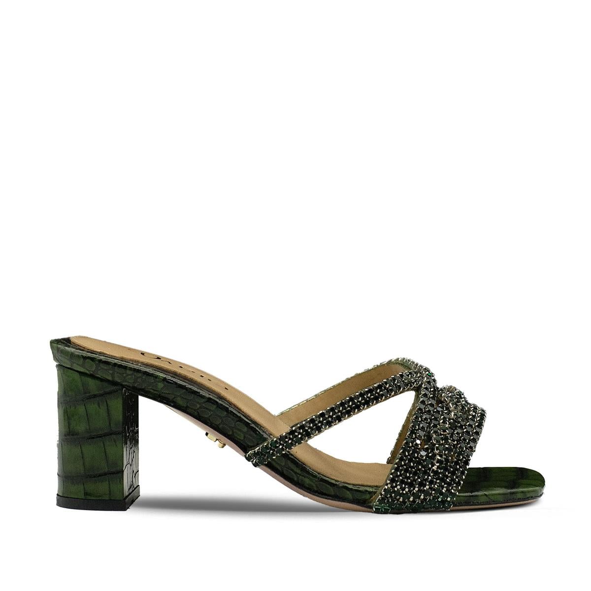VARIO Hakiki Deri Baskı Kroko Taşlı Terlik Z189 YEŞİL BASKI KROKO (Green Leather Print Crocodile)