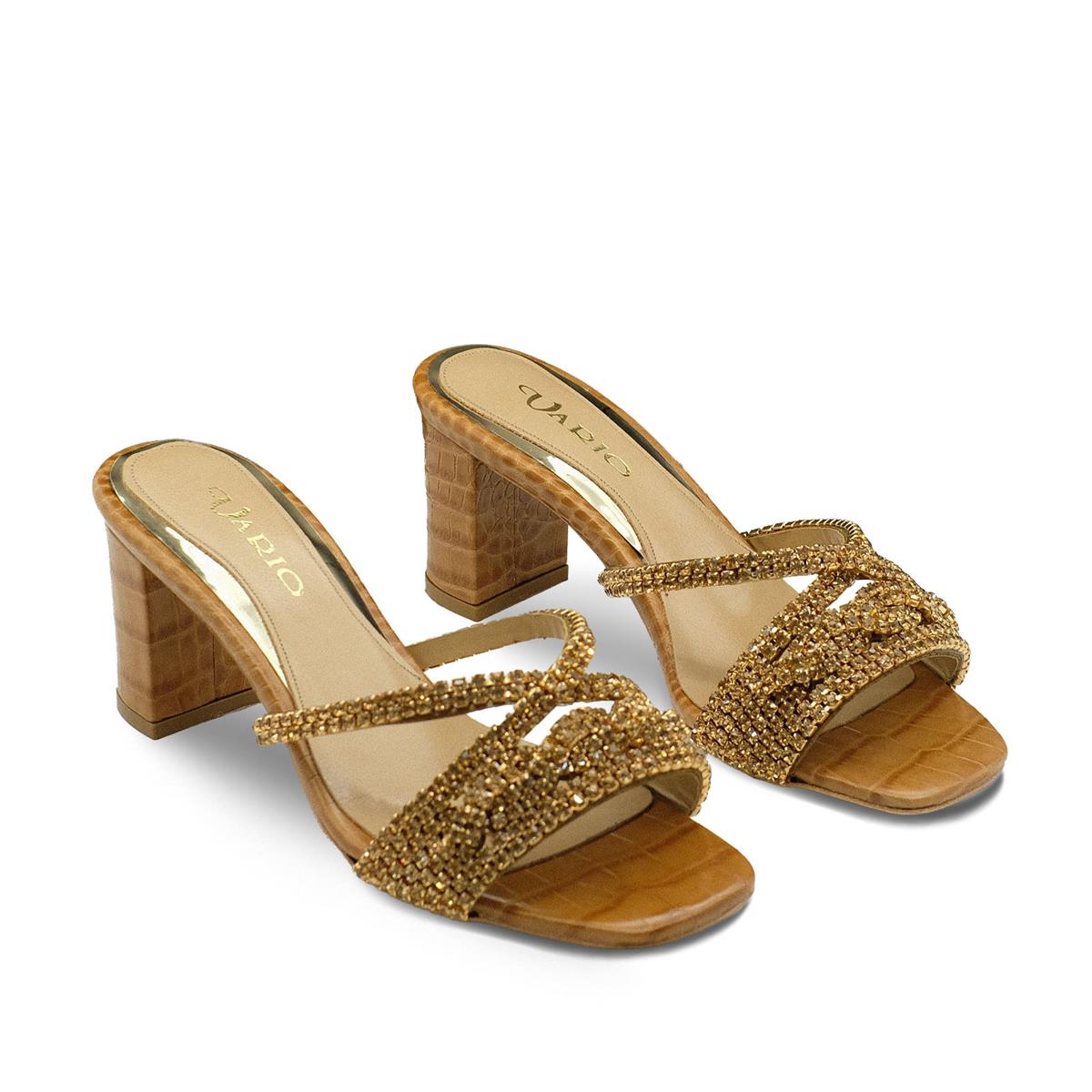 VARIO Hakiki Deri Baskı Kroko Taşlı Terlik Z148 TABA BASKI KROKO (Tan Leather Crocodile Print)