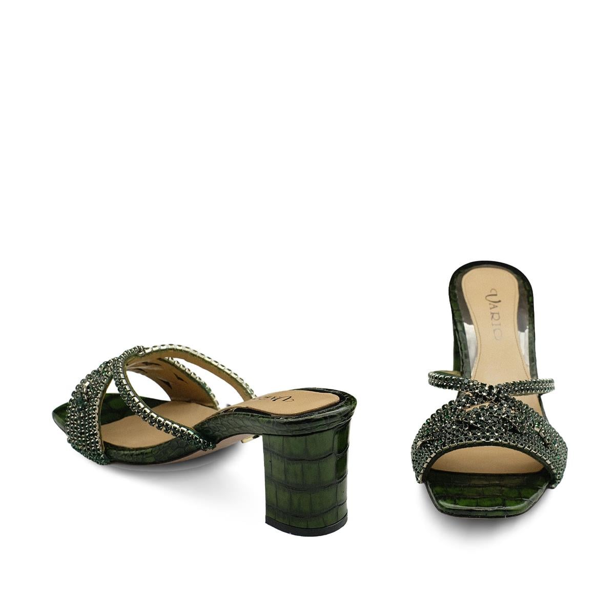 VARIO Hakiki Deri Baskı Kroko Taşlı Terlik Z189 YEŞİL BASKI KROKO (Green Leather Print Crocodile)