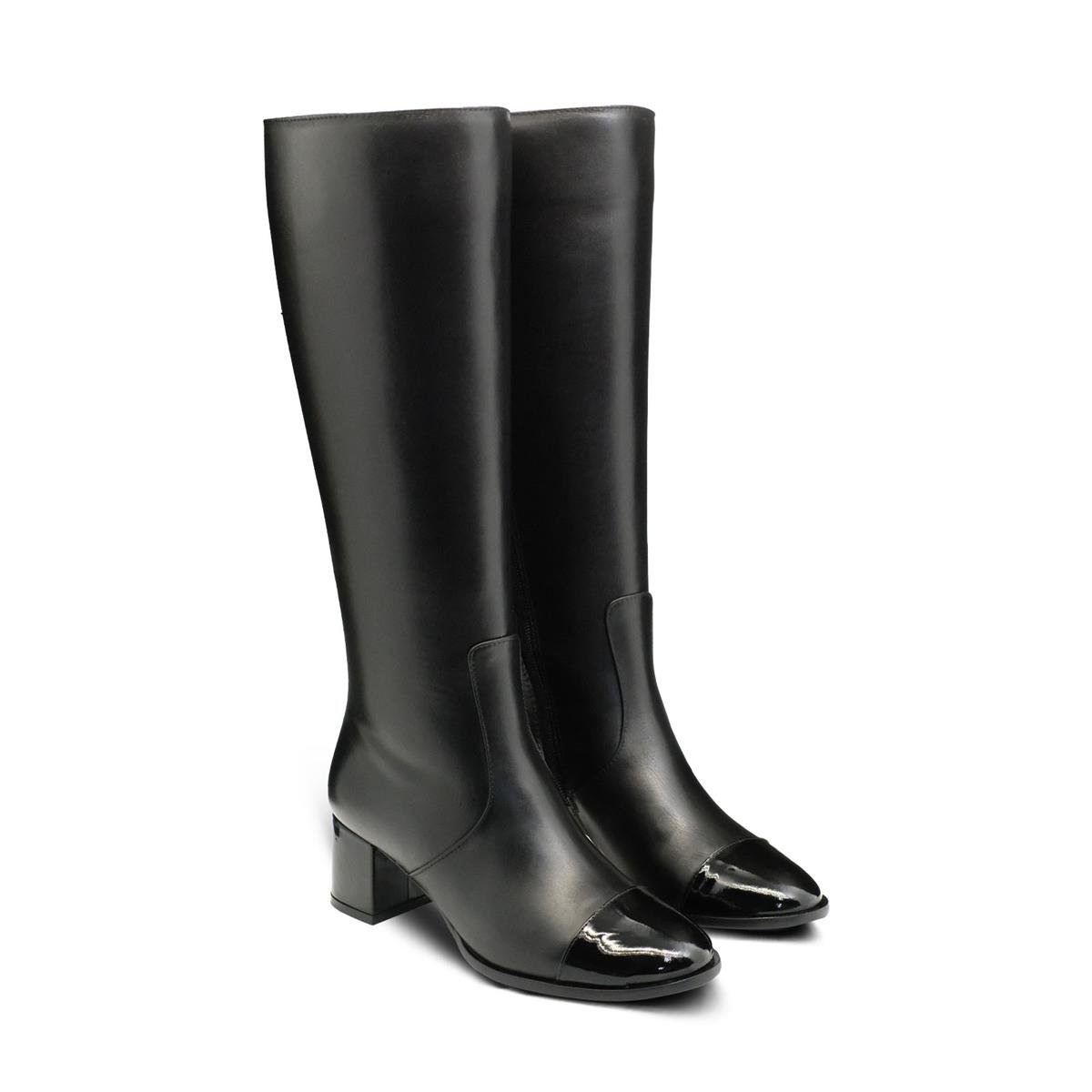 VARIO Hakiki Deri Yuvarlak Burun Fermuarlı Kadın Çizme Z617 RUGAN SIYAN LASTIK SIYAH C3895