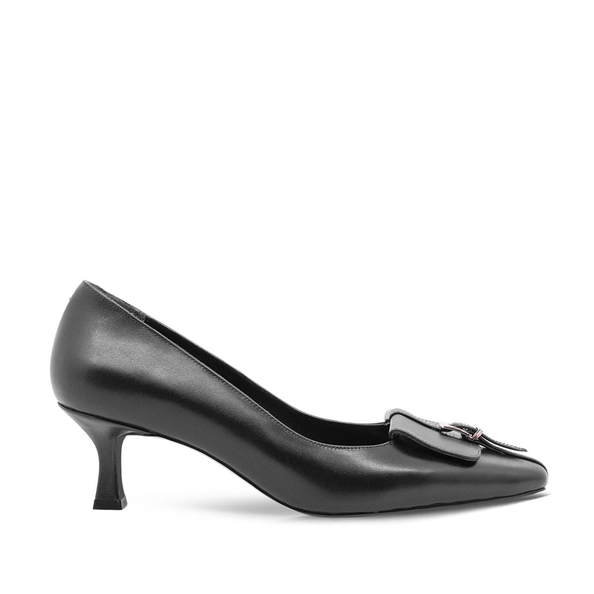 VARIO Hakiki Deri Tokalı Kısa Topuklu Kadın Ayakkabı 053 SIYAH (Black)