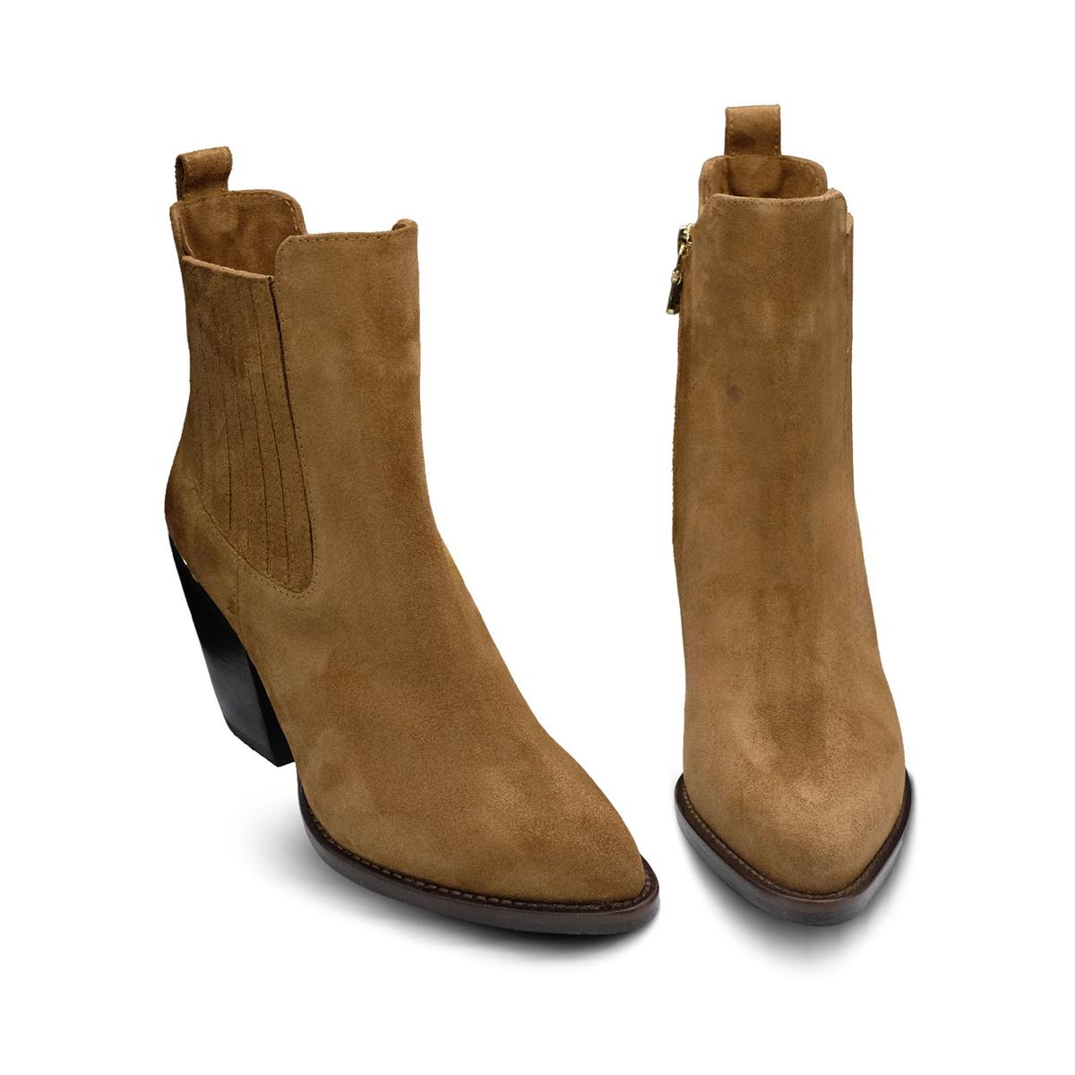 VARIO Sivri Burun Fermuarlı Hakiki Süet Deri Kadın Bot Z622 YARMA SUET SIGARO C3536