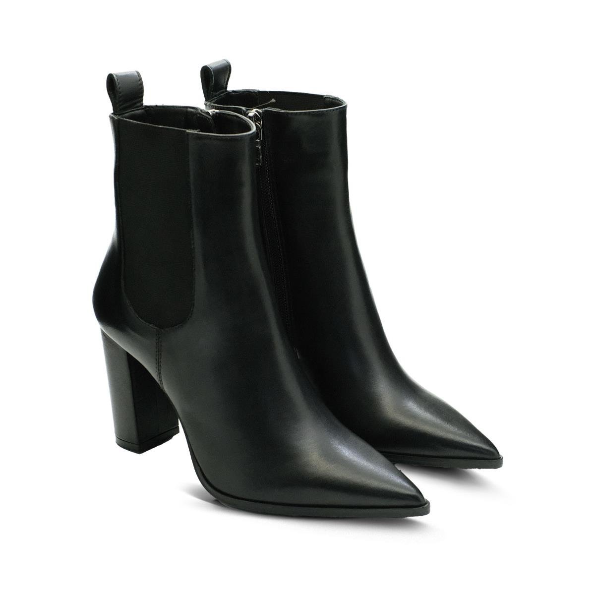VARIO Hakiki Deri Fermuarlı Sivri Burunlu Kadın Bot Z616 NAPA SIYAH LASTIK SIYAH C302