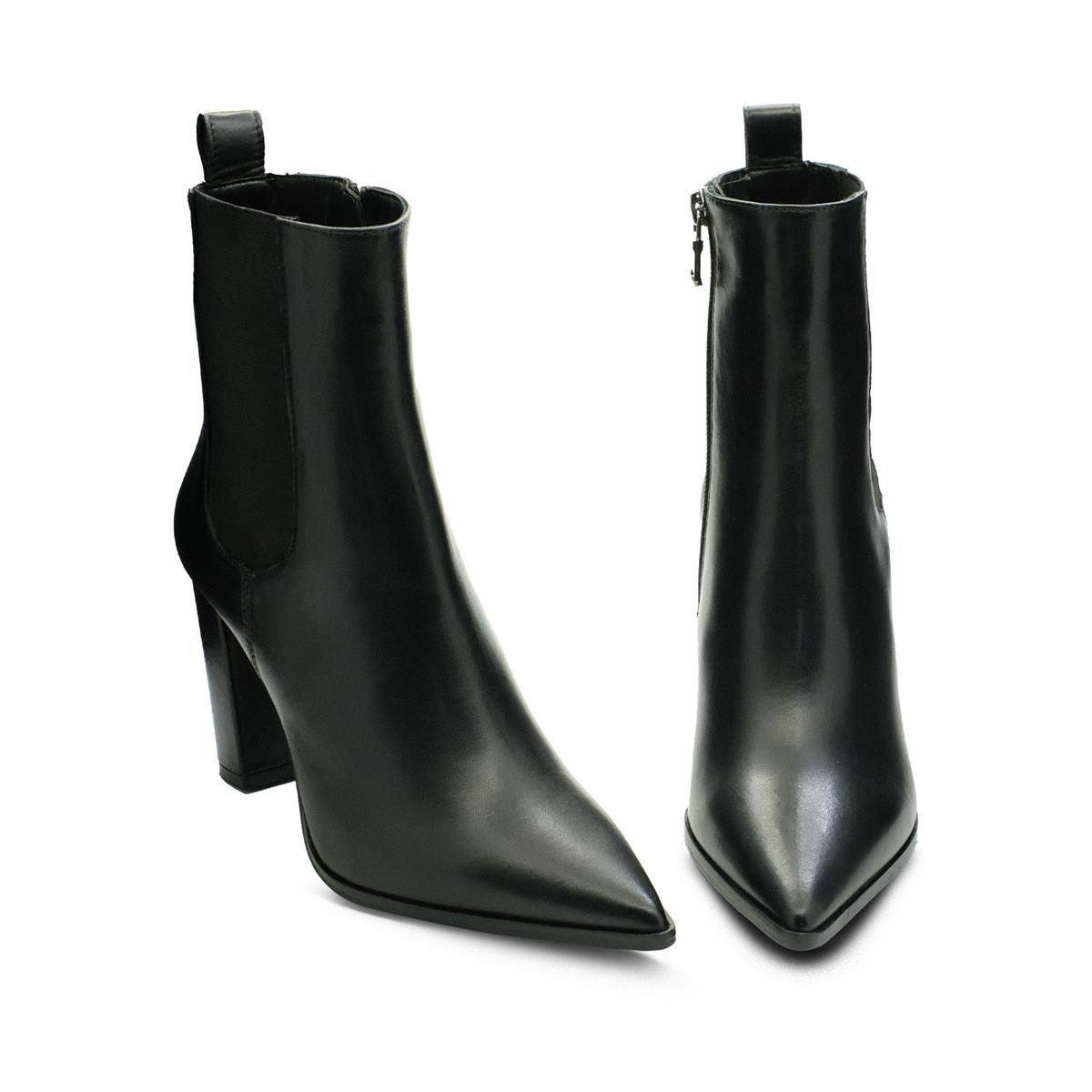 VARIO Hakiki Deri Fermuarlı Sivri Burunlu Kadın Bot Z616 NAPA SIYAH LASTIK SIYAH C302