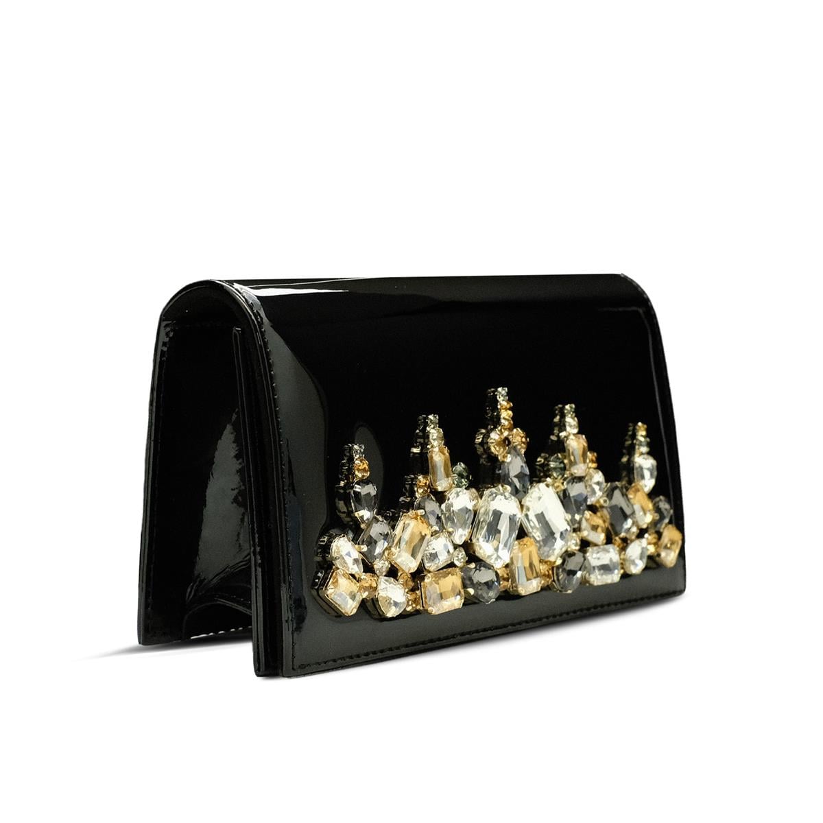 VARIO Hakiki Rugan Deri Taş Detaylı Zincir Askılı Çanta 366 SIYAH RUGAN (Black Patent Leather)
