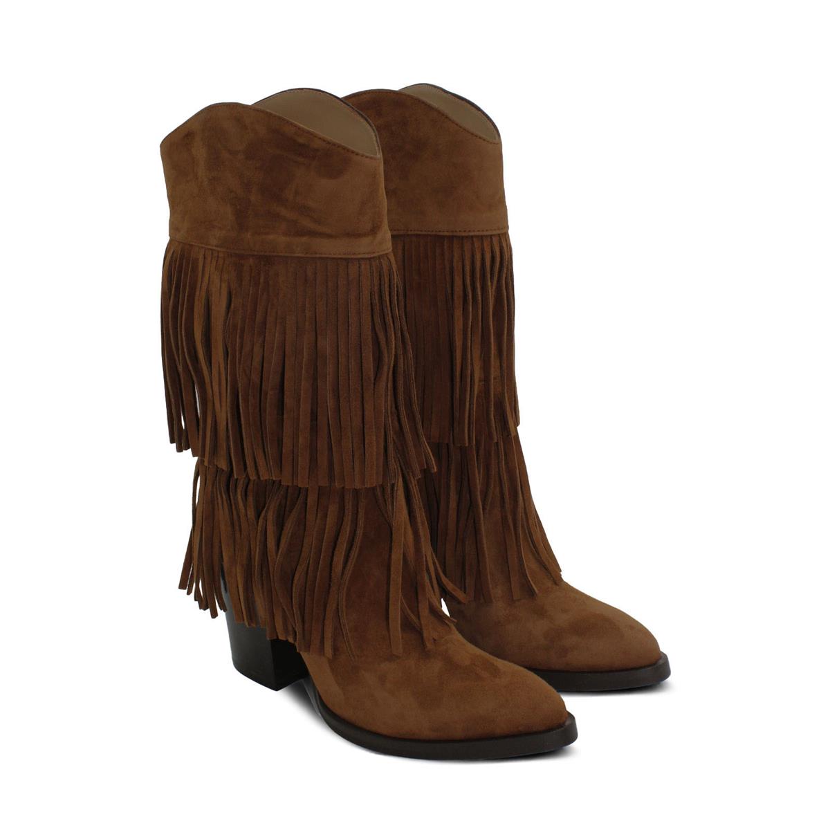 VARIO Hakiki Süet Püsküllü Western Topuklu Çizme E13 SUEDE SIGARO