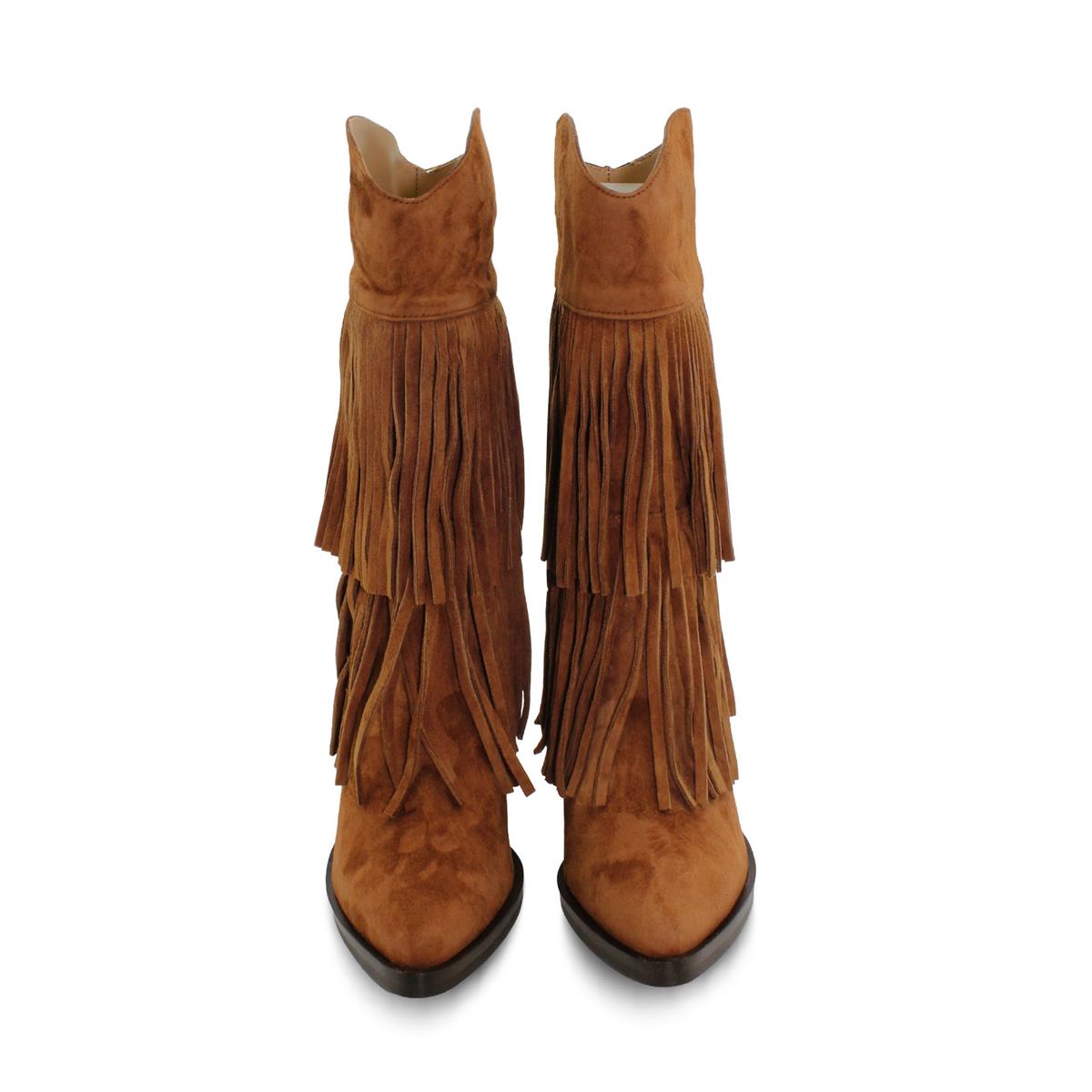 VARIO Hakiki Süet Püsküllü Western Topuklu Çizme Z621 SUEDE ACIK SIGARO