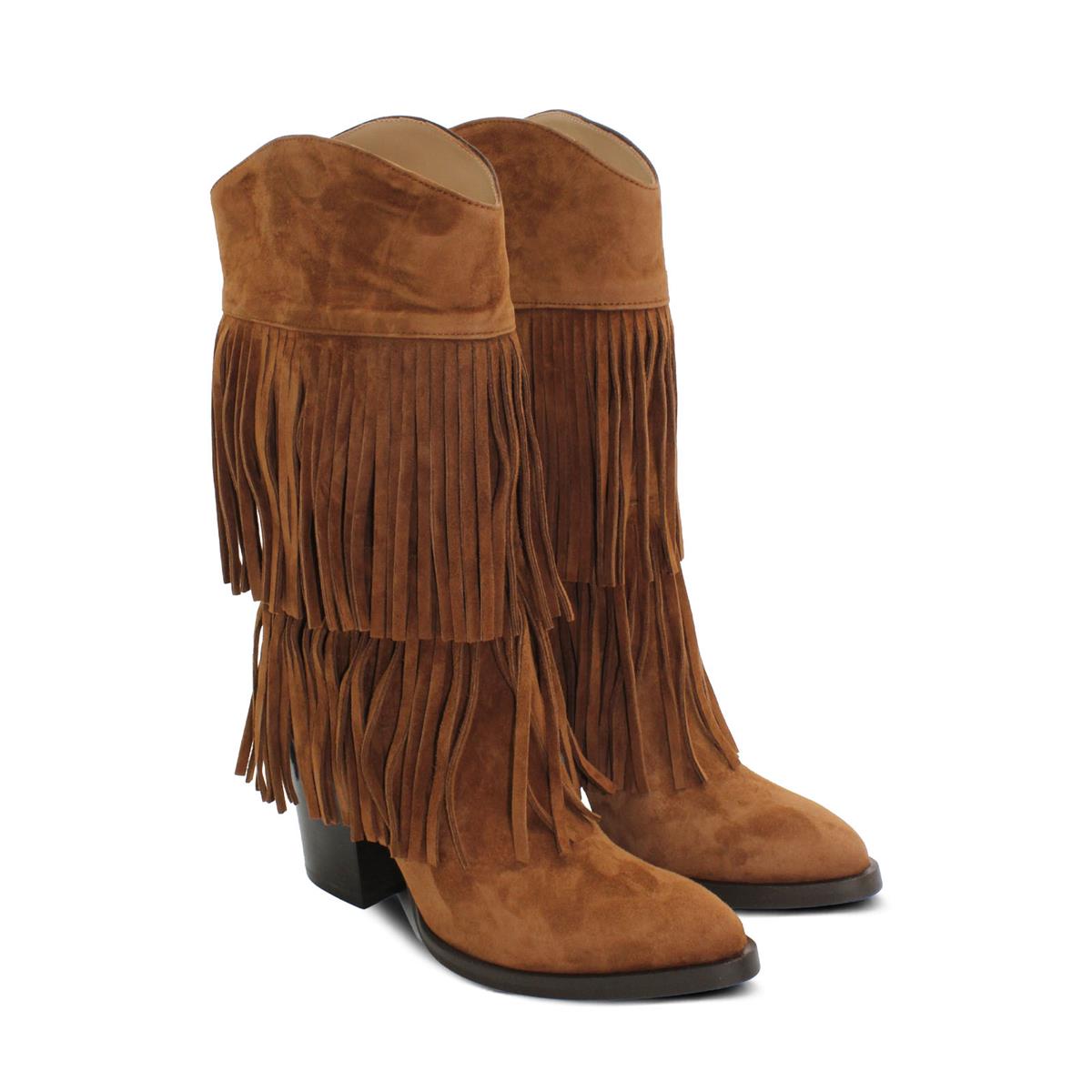 VARIO Hakiki Süet Püsküllü Western Topuklu Çizme Z621 SUEDE ACIK SIGARO