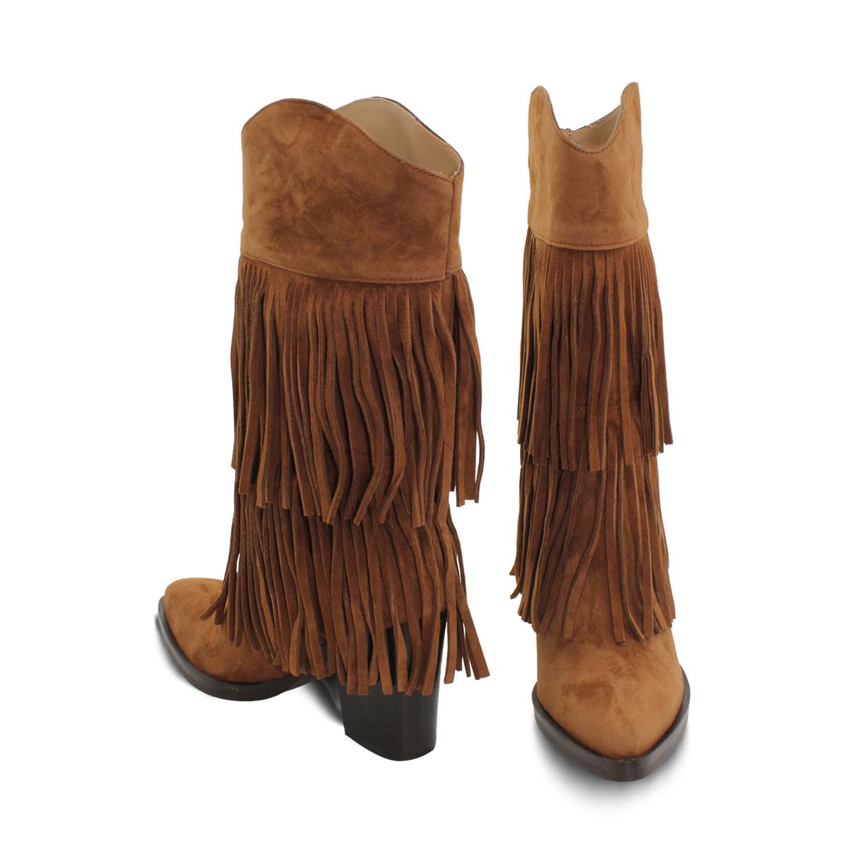 VARIO Hakiki Süet Püsküllü Western Topuklu Çizme Z621 SUEDE ACIK SIGARO