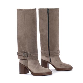 MABEL Hakiki Süet Deri Fermuarlı Tokalı Diz Altı Kalın Topuk Çizme R85 VIZON SUET(Mink Suede)