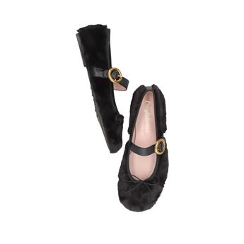 PRETTYBALLERINAS Yumuşak siyah sentetik kürk babet Z619 MUSK NEGRO COTON NEGRO