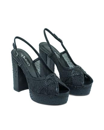 VARIO Kristal Taşlı File ve Saten Platform Topuklu V07 SIYAH SATEN TASLI (Black Satin Stone)