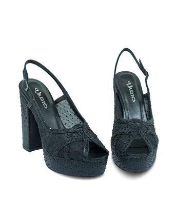 VARIO Kristal Taşlı File ve Saten Platform Topuklu V07 SIYAH SATEN TASLI (Black Satin Stone)