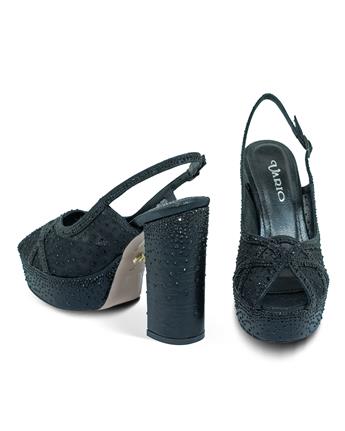 VARIO Kristal Taşlı File ve Saten Platform Topuklu V07 SIYAH SATEN TASLI (Black Satin Stone)