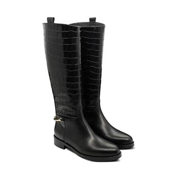 VARIO Hakiki Deri Kadın Diz Altı Çizme Z610 COCCO NERO (Siyah Deri + Siyah Krokodil)