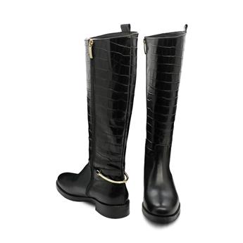 VARIO Hakiki Deri Kadın Diz Altı Çizme Z610 COCCO NERO (Siyah Deri + Siyah Krokodil)