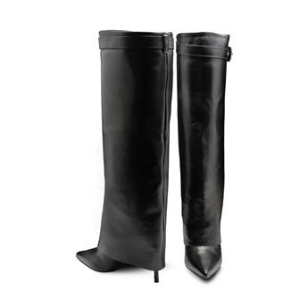 VARIO Hakiki Deri Sivri Burunlu Paçalı Fermuarsız Çizme 206 NAPPA NERA (Siyah)