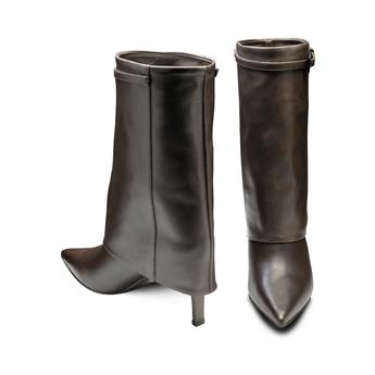 VARIO Hakiki Deri Sivri Burunlu Paçalı Fermuarsız Bot 084 VITELLO MORO(KAHVE)