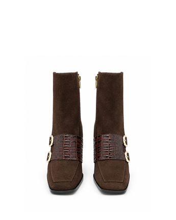 VARIO Hakiki Deri Çift Tokalı Topuklu Kadın Bot 381 KAHVE SÜET(Brown Suede)