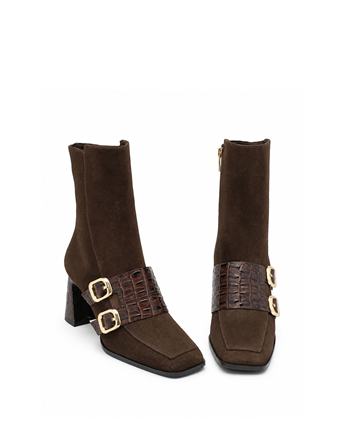 VARIO Hakiki Deri Çift Tokalı Topuklu Kadın Bot 381 KAHVE SÜET(Brown Suede)