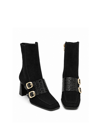 VARIO Hakiki Deri Çift Tokalı Topuklu Kadın Bot 346 SİYAH SÜET (Black Suede)