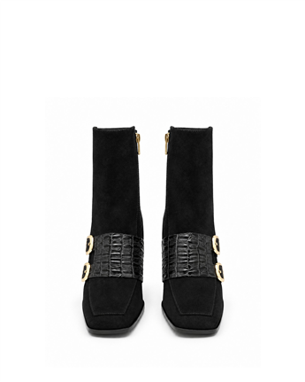 VARIO Hakiki Deri Çift Tokalı Topuklu Kadın Bot 346 SİYAH SÜET (Black Suede)