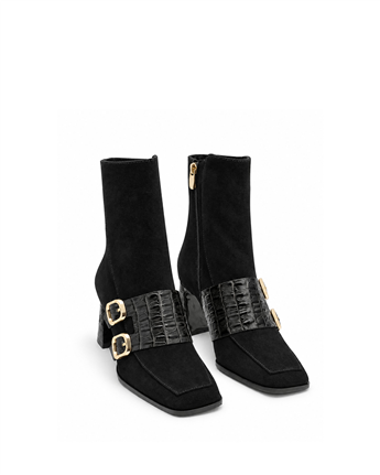 VARIO Hakiki Deri Çift Tokalı Topuklu Kadın Bot 346 SİYAH SÜET (Black Suede)