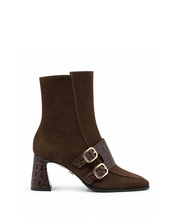 VARIO27657VARIO Hakiki Deri Çift Tokalı Topuklu Kadın Bot 381 KAHVE SÜET(Brown Suede)