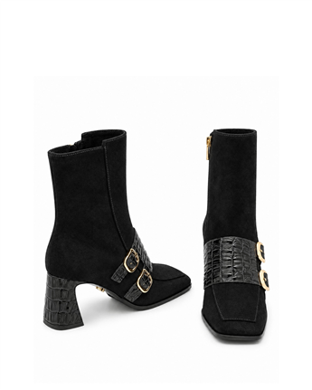 VARIO Hakiki Deri Çift Tokalı Topuklu Kadın Bot 346 SİYAH SÜET (Black Suede)