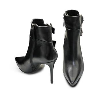 VARIO Hakiki Deri Çift Tokalı Sivri Burun Kauçuk Taban Fermuarlı Bot 206 NAPPA NERA (Siyah)