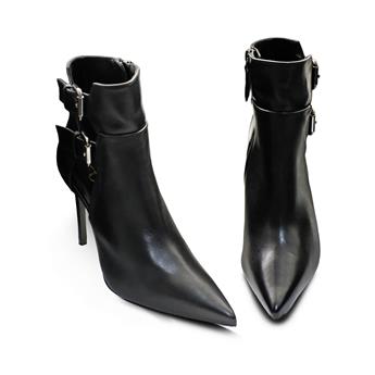 VARIO Hakiki Deri Çift Tokalı Sivri Burun Kauçuk Taban Fermuarlı Bot 206 NAPPA NERA (Siyah)