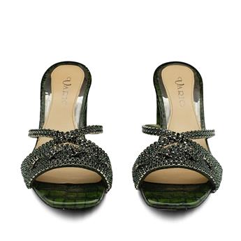 VARIO Hakiki Deri Baskı Kroko Taşlı Terlik Z189 YEŞİL BASKI KROKO (Green Leather Print Crocodile)