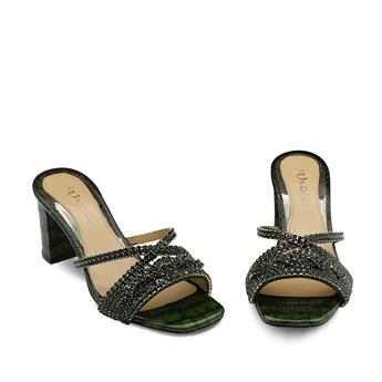 VARIO Hakiki Deri Baskı Kroko Taşlı Terlik Z189 YEŞİL BASKI KROKO (Green Leather Print Crocodile)