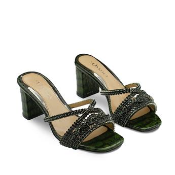 VARIO Hakiki Deri Baskı Kroko Taşlı Terlik Z189 YEŞİL BASKI KROKO (Green Leather Print Crocodile)