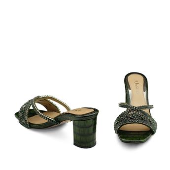 VARIO Hakiki Deri Baskı Kroko Taşlı Terlik Z189 YEŞİL BASKI KROKO (Green Leather Print Crocodile)