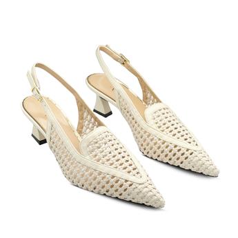 VARIO Hakiki Deri Örgü Detaylı Topuklu Ayakkabı Z627 BEJ ÖRGÜ (Beige Knit)