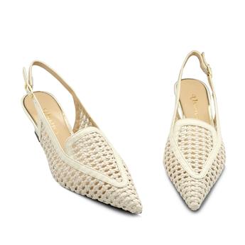 VARIO Hakiki Deri Örgü Detaylı Topuklu Ayakkabı Z627 BEJ ÖRGÜ (Beige Knit)