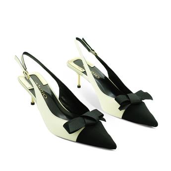 VARIO Hakiki deri sivri burunlu alçak topuklu ayakkabı 0315 BEJ-SIYAH (Beige-Black)