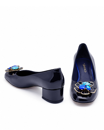 VARIO Rugan Hakiki Deri Kadın Topuklu Ayakkabı Z162 RUGAN LACİVERT (Navy Blue Patent Leather) C603