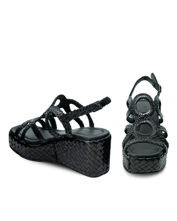 VARIO Hakiki Deri El Örgü Platform Topuklu Ayakkabı Z139 Siyah Örgü (Black Knitting)