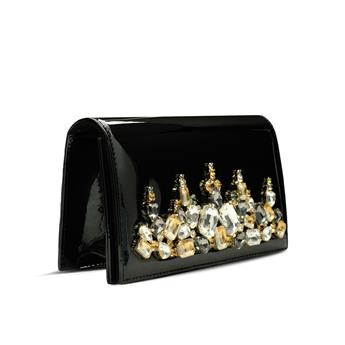 VARIO Hakiki Rugan Deri Taş Detaylı Zincir Askılı Çanta 366 SIYAH RUGAN (Black Patent Leather)