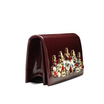 VARIO Hakiki Rugan Deri Taş Detaylı Zincir Askılı Çanta S25 BORDO RUGAN (Burgundy Patent Leather)
