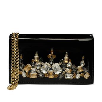 VARIO Hakiki Rugan Deri Taş Detaylı Zincir Askılı Çanta 366 SIYAH RUGAN (Black Patent Leather)