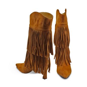 VARIO Hakiki Süet Deri Püsküllü İnce topuklu Çizme E13 SUEDE SIGARO