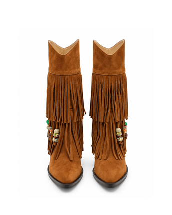 VARIO Hakiki Süet Püsküllü Western Topuklu Çizme Z621 SUEDE ACIK SIGARO