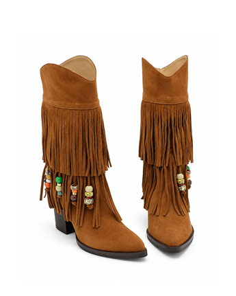 VARIO Hakiki Süet Püsküllü Western Topuklu Çizme Z621 SUEDE ACIK SIGARO