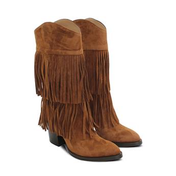 VARIO Hakiki Süet Püsküllü Western Topuklu Çizme Z621 SUEDE ACIK SIGARO