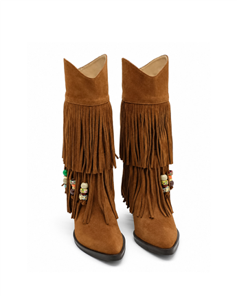 VARIO Hakiki Süet Püsküllü Western Topuklu Çizme Z621 SUEDE ACIK SIGARO